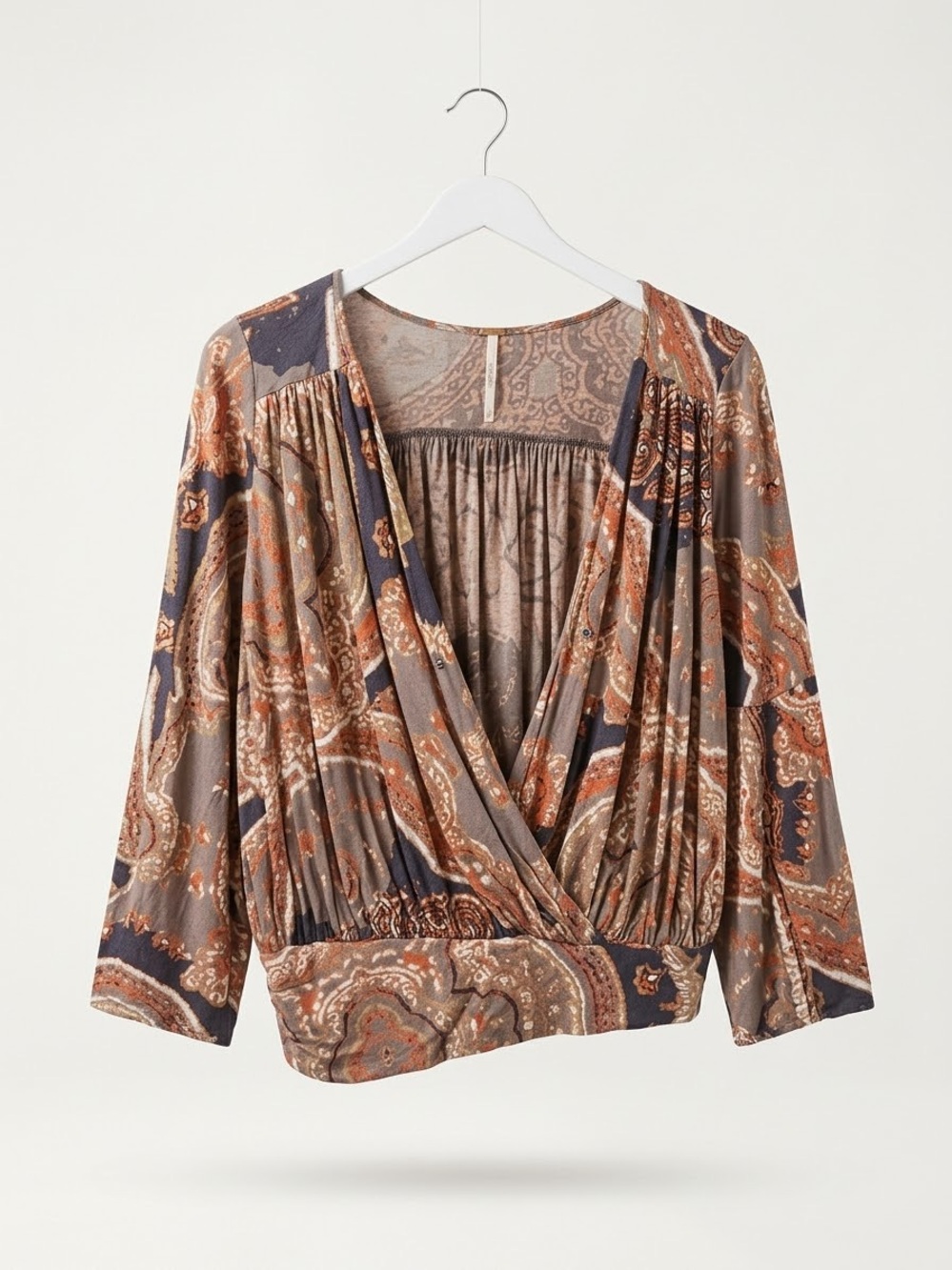 FREE PEOPLE / Fiona Bell Sleeve/ Paisley Wrap-Front Blouse in Gray and Rust/ XS